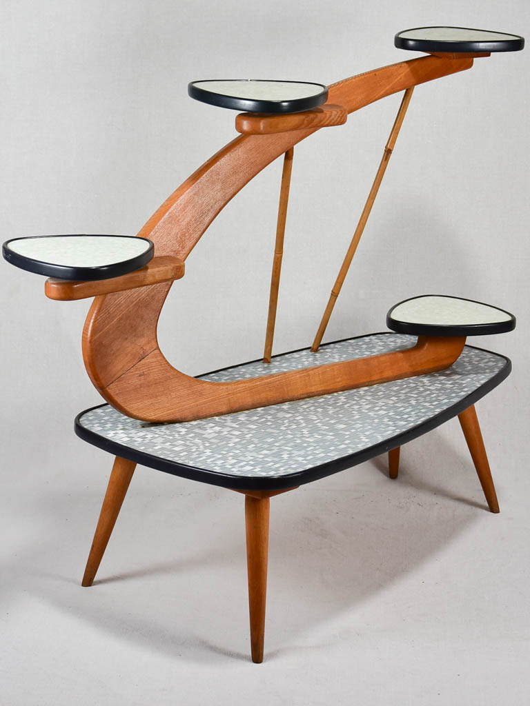 Unusual Formica and teak side table with little shelves