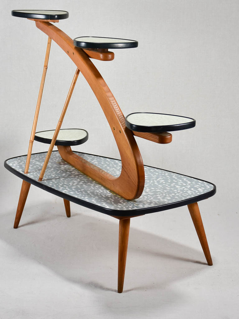 Unusual Formica and teak side table with little shelves