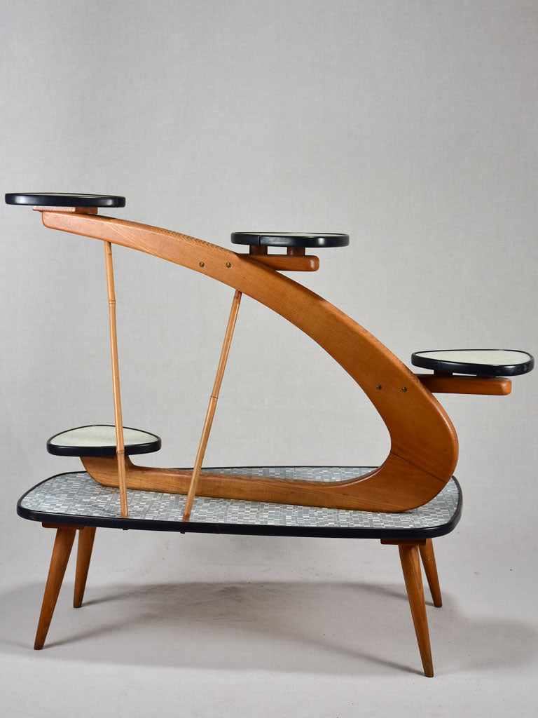 Unusual Formica and teak side table with little shelves