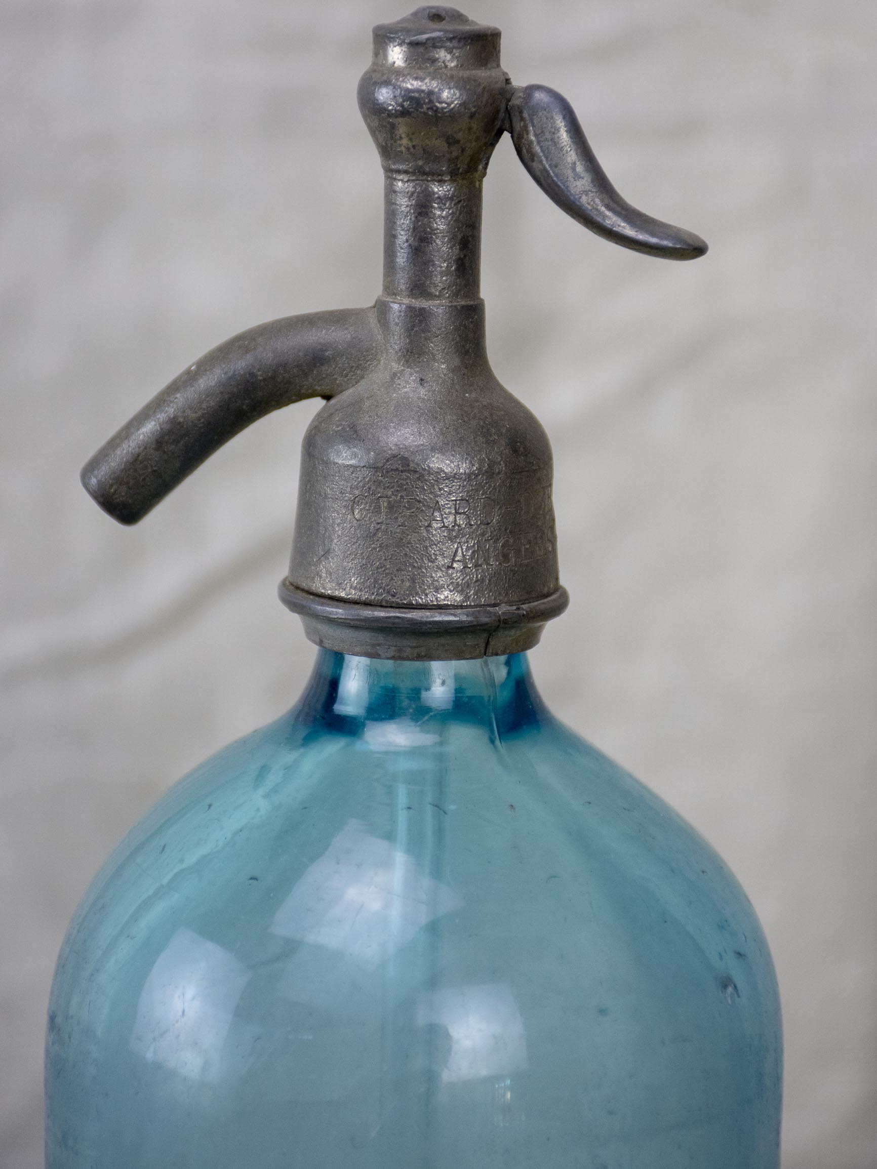 Antique French soda siphon Seltzer bottle - light blue