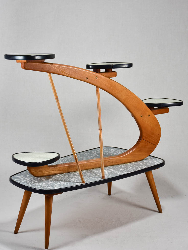 Unusual Formica and teak side table with little shelves