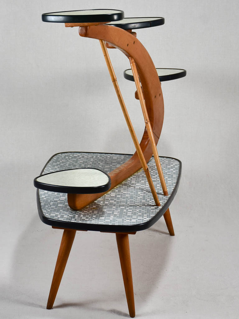 Unusual Formica and teak side table with little shelves