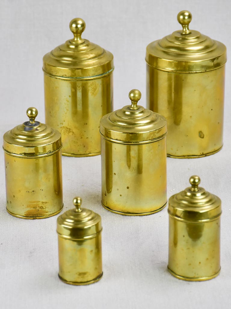 Set of six antique French spice jars - brass