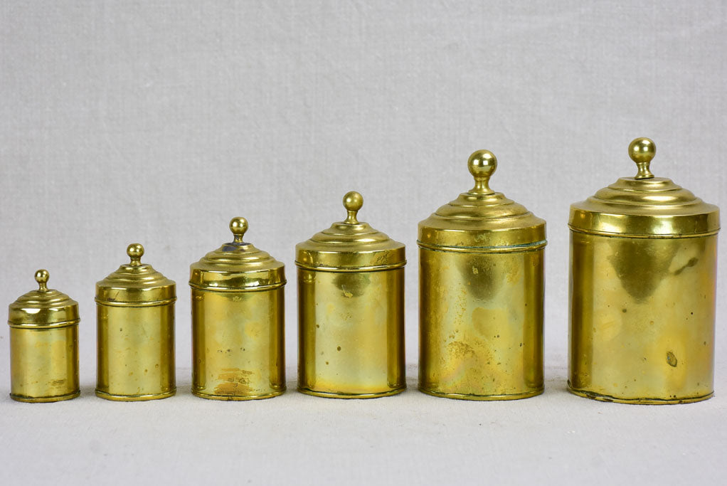 Set of six antique French spice jars - brass