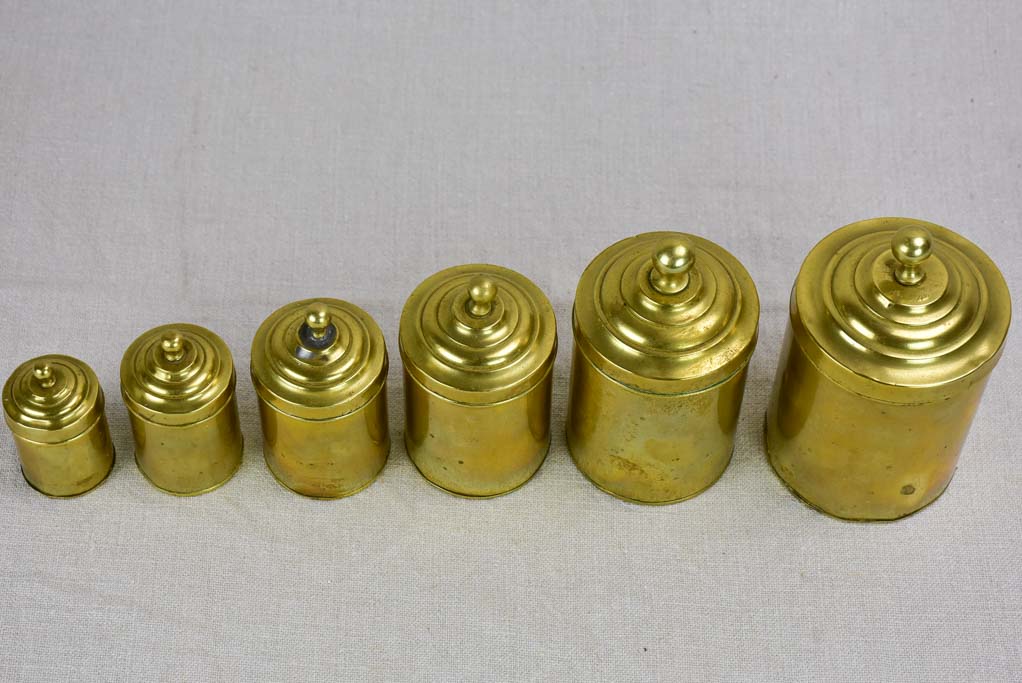 Set of six antique French spice jars - brass