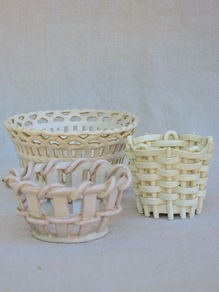 Collection of three antique French faience basket bowls