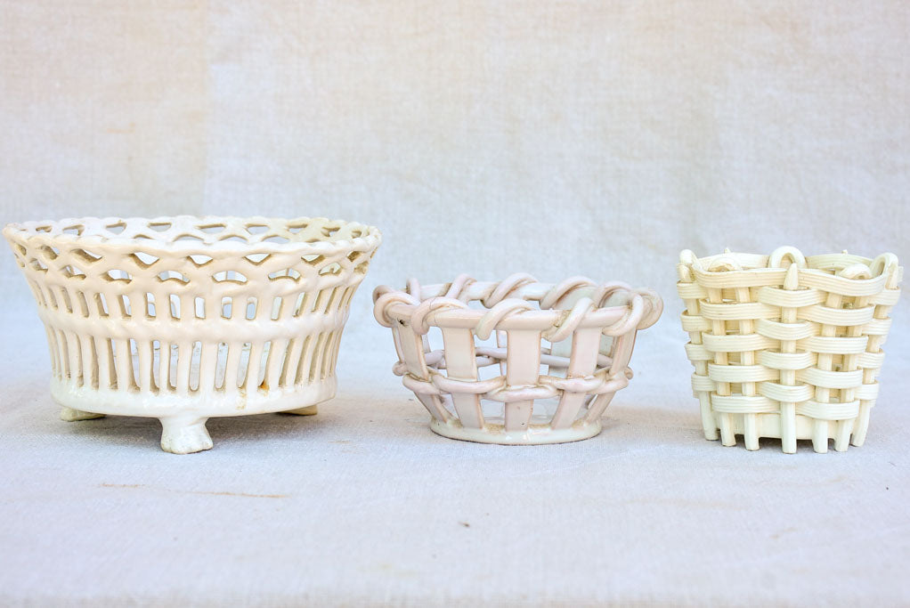 Collection of three antique French faience basket bowls