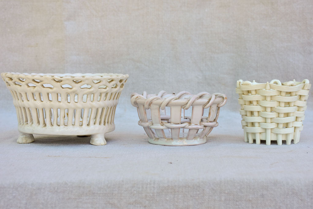 Collection of three antique French faience basket bowls