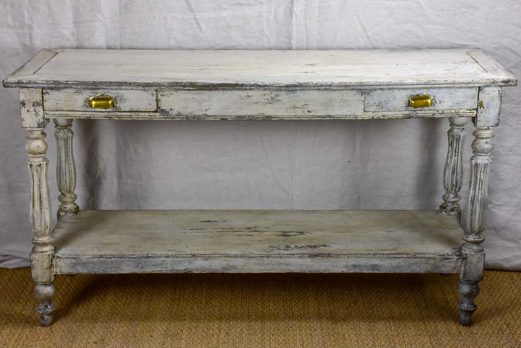 Antique French drapery table - oak with grey / beige painted finish