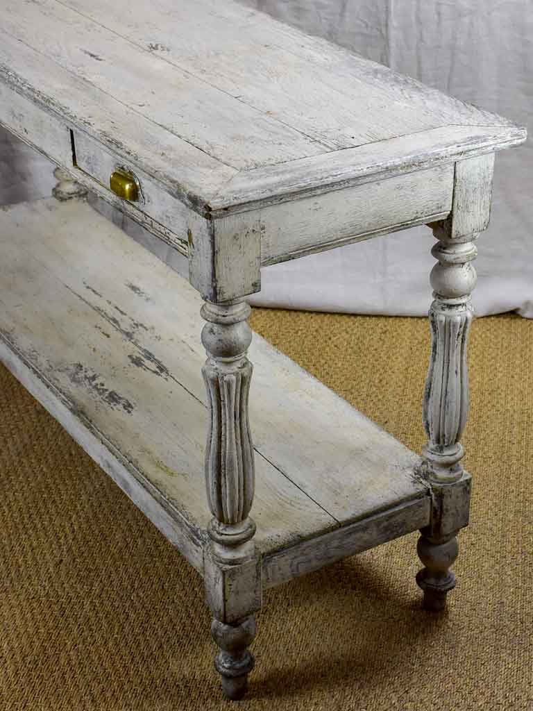 Antique French drapery table - oak with grey / beige painted finish