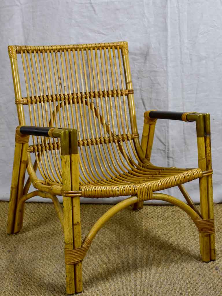 1950's bamboo, leather and brass armchair