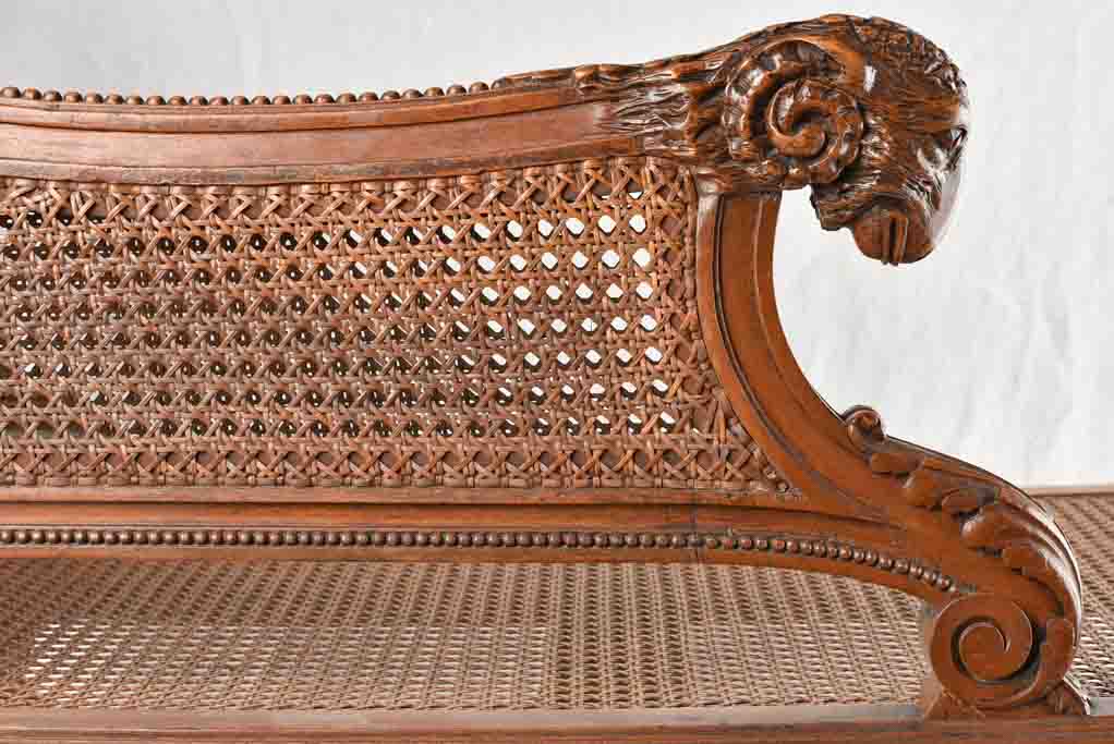 Louis XVI style cane chaise longue w/ ram's head armrest - 33¾"