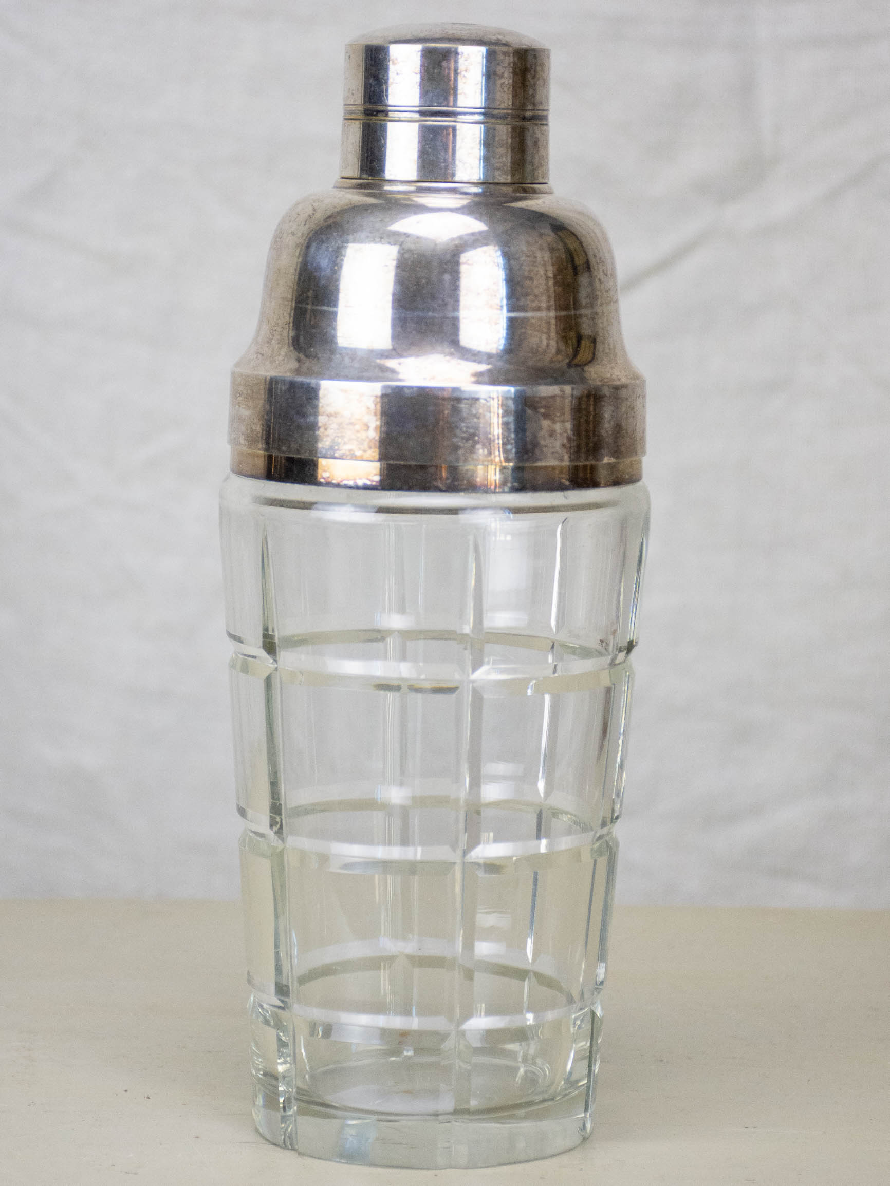 Art Deco crystal cocktail shaker with silverplate lid