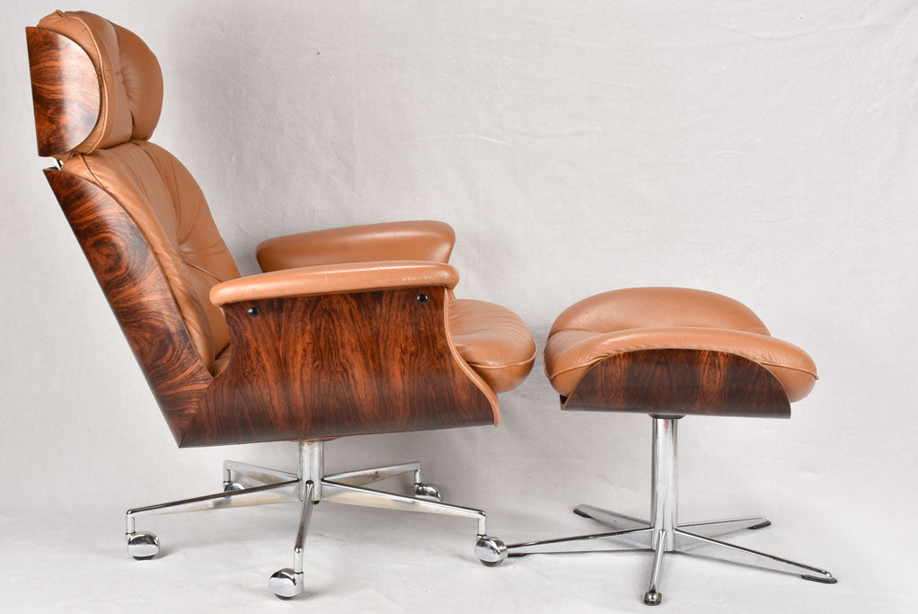 Classic 1960s brown leather armchair and footrest - George Mulhauser for Plycraft USA