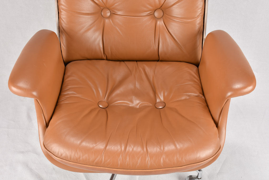 Classic 1960s brown leather armchair and footrest - George Mulhauser for Plycraft USA