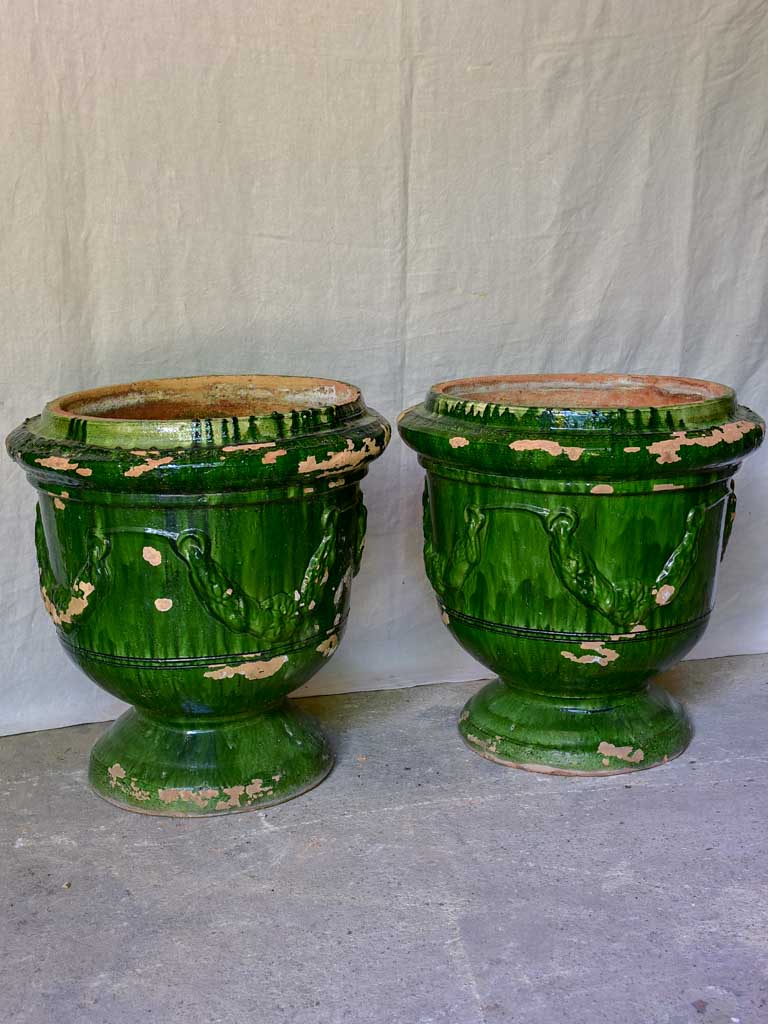 Pair of large French garden urns with Green glaze from St John De Fos 26"