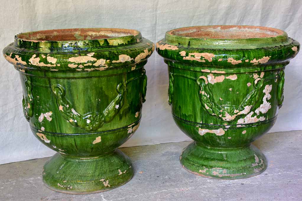 Pair of large French garden urns with Green glaze from St John De Fos 26"