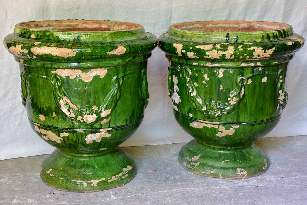 Pair of large French garden urns with Green glaze from St John De Fos 26"