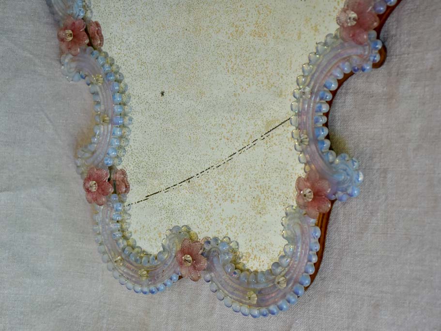 Antique Venetian mirror with pink glass flower frame 20" x  17¾"