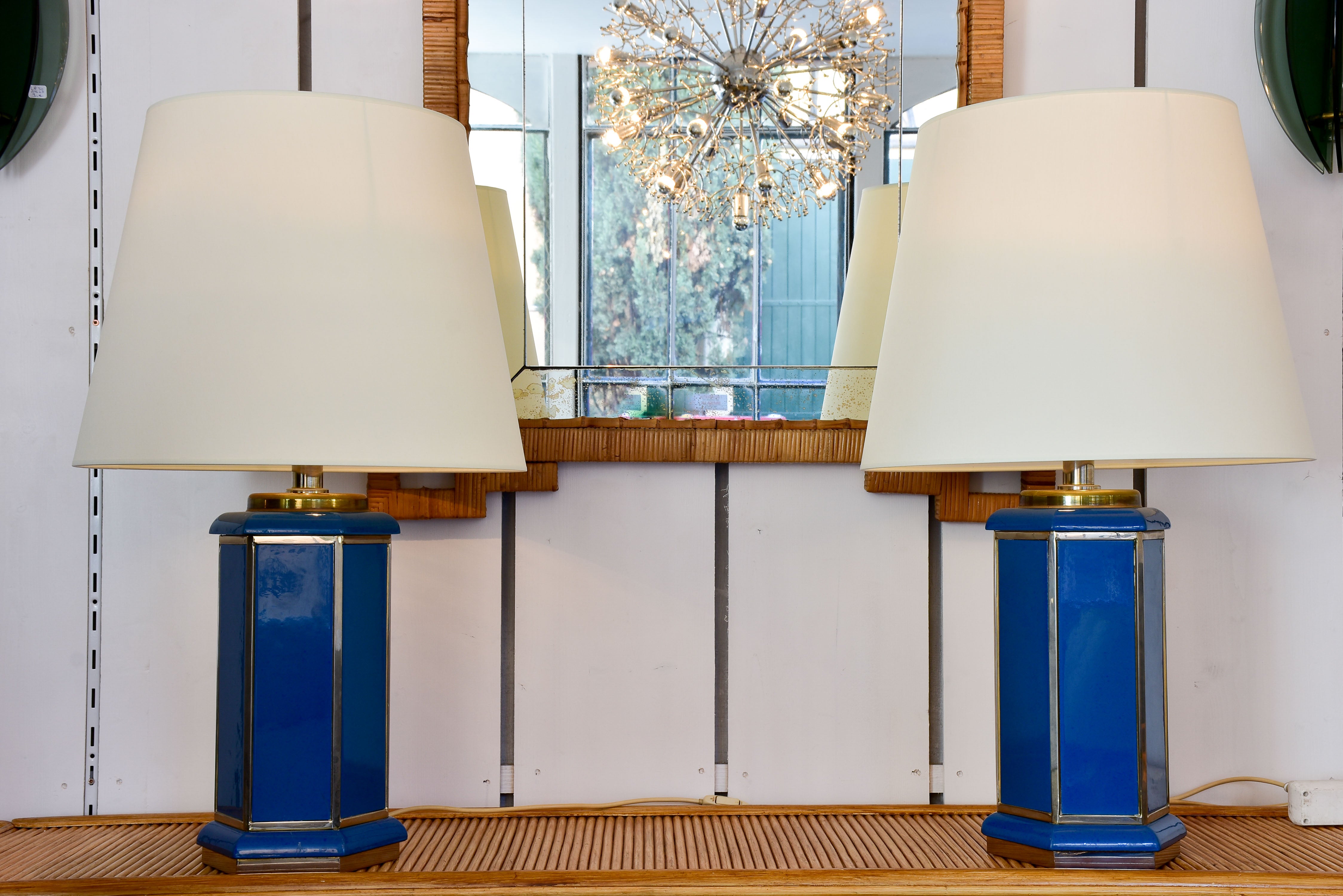 Pair of vintage Italian table lamps with hexagonal blue base