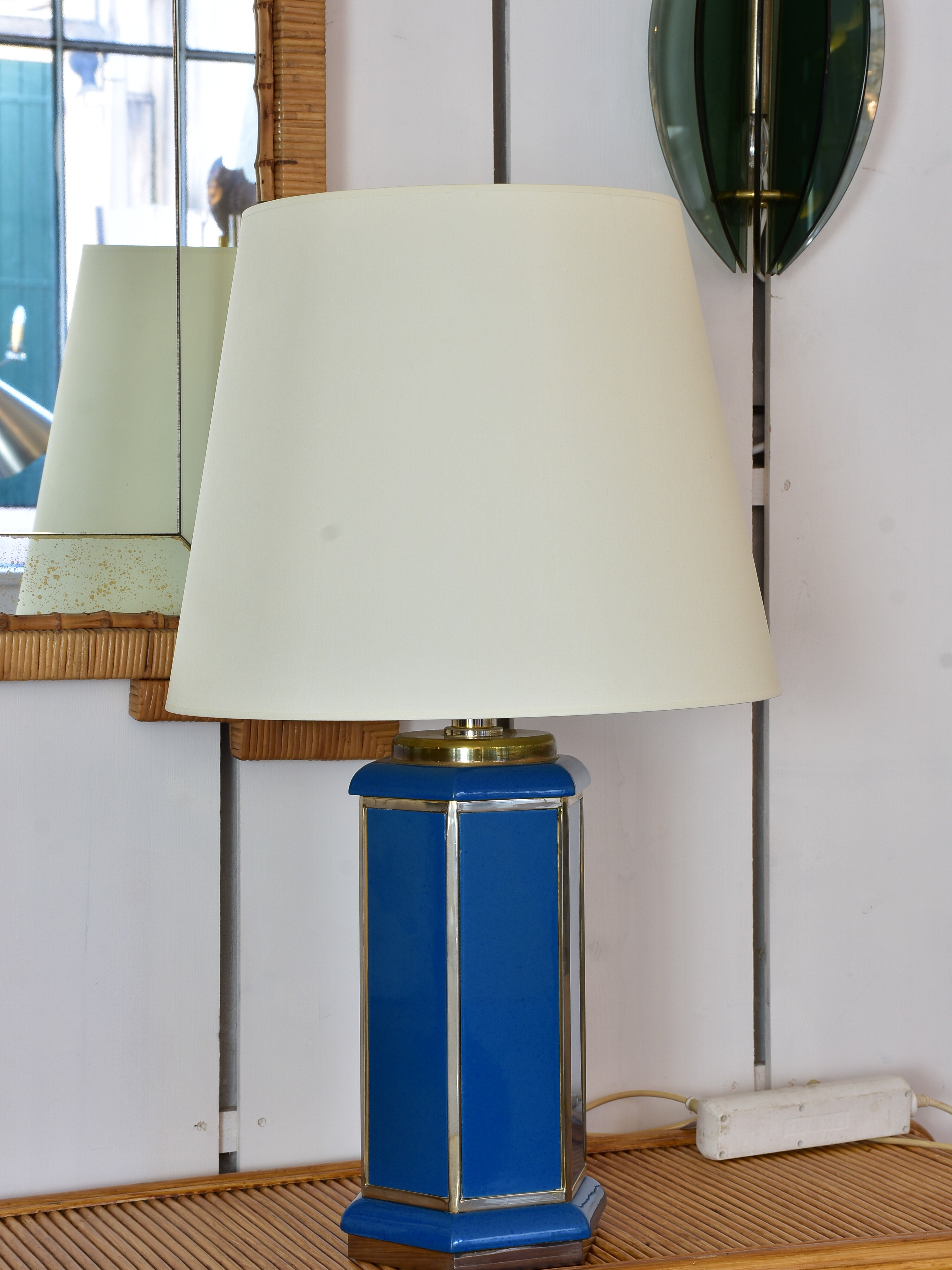 Pair of vintage Italian table lamps with hexagonal blue base