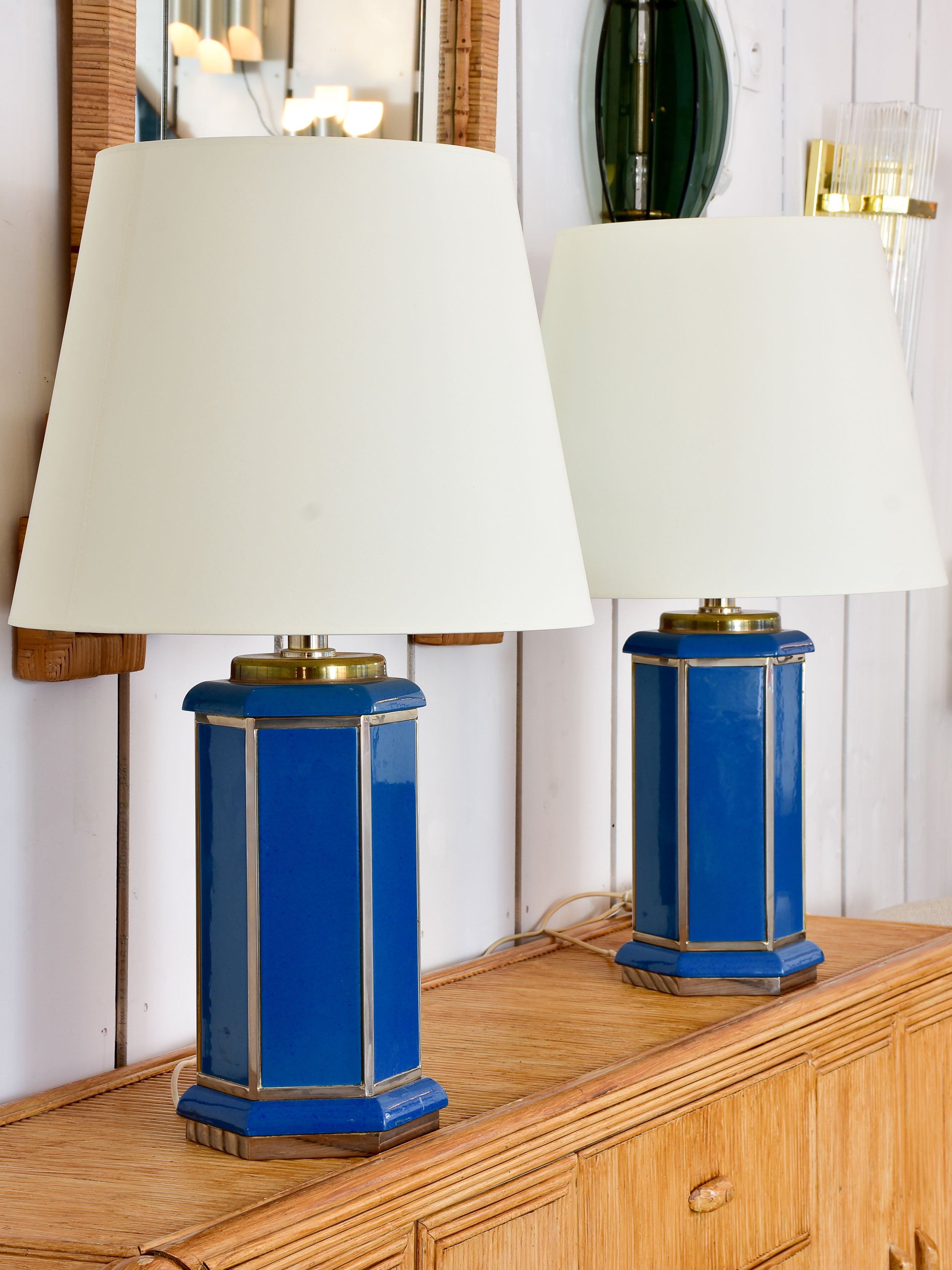 Pair of vintage Italian table lamps with hexagonal blue base