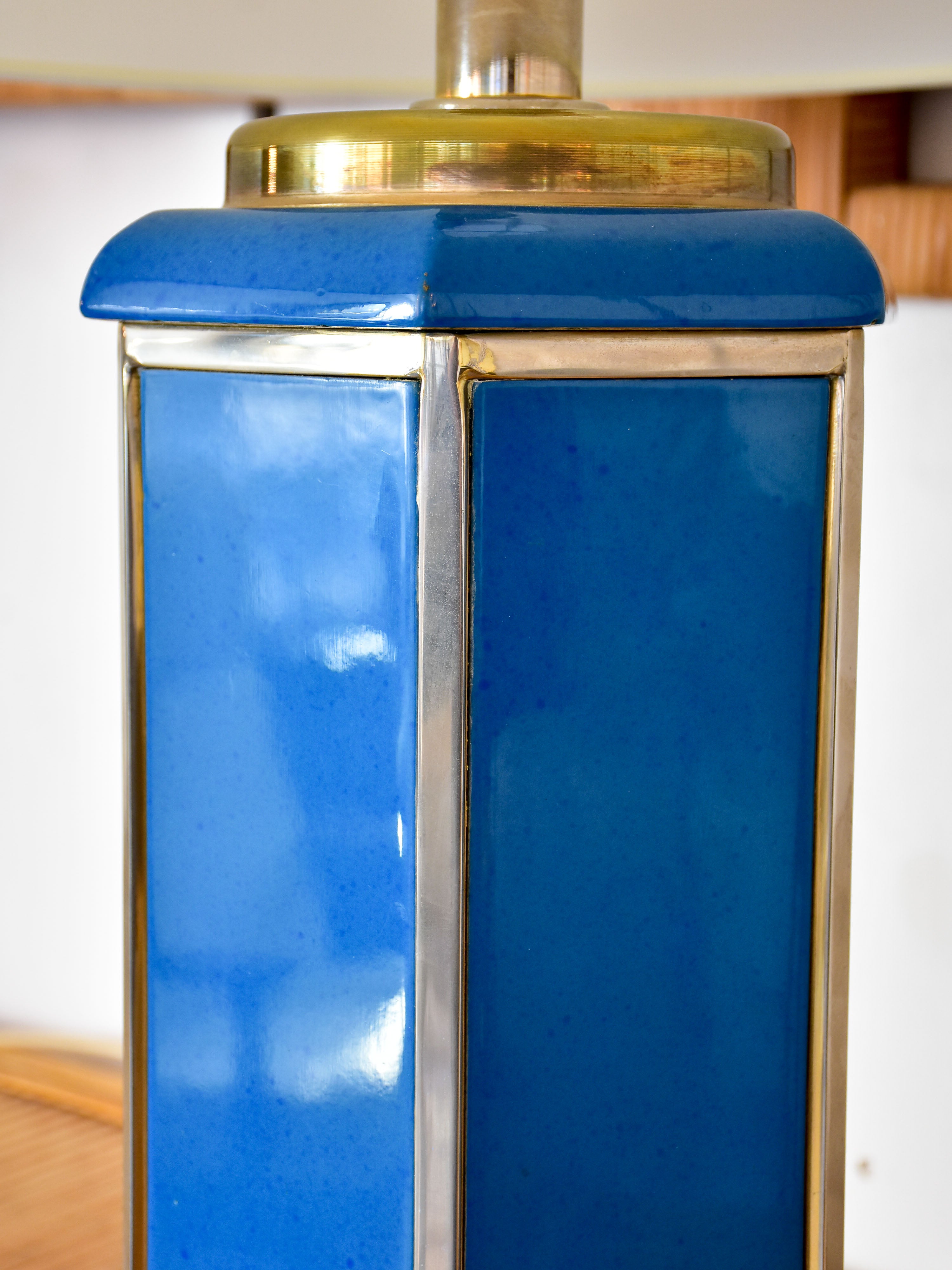 Pair of vintage Italian table lamps with hexagonal blue base