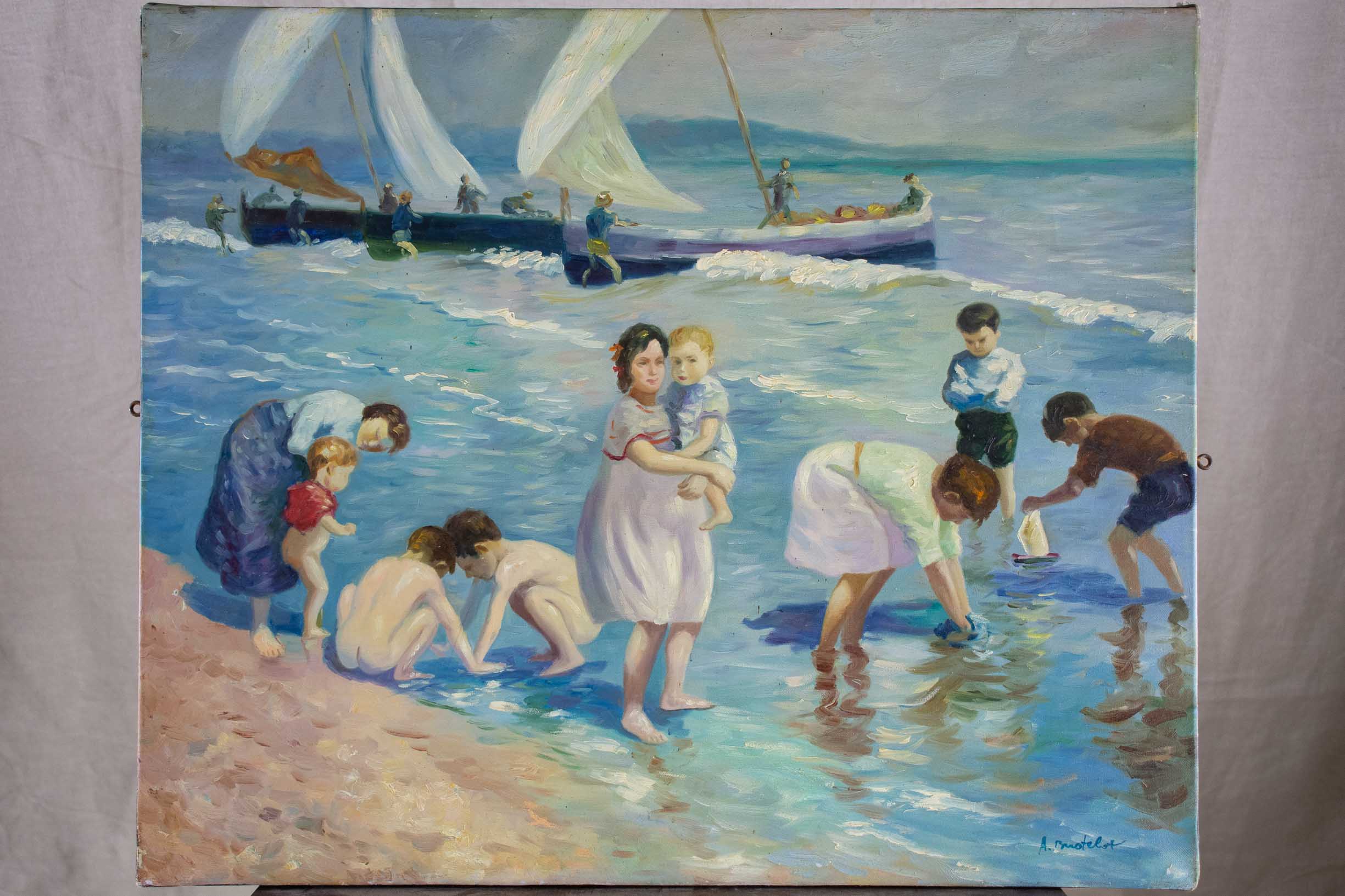 Vintage French painting of a summer's day at the beach 23 ½'' x 19 ¾''