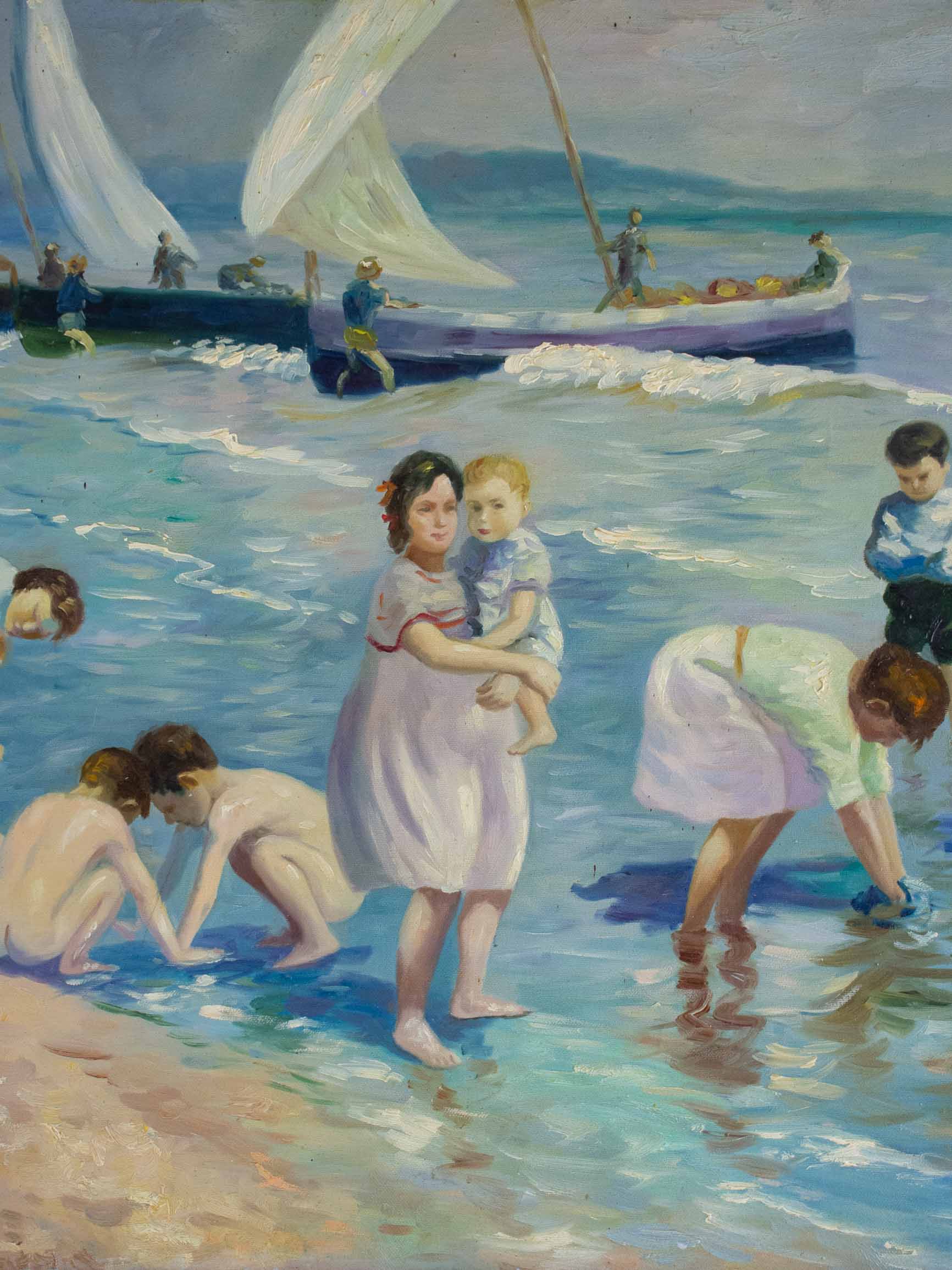 Vintage French painting of a summer's day at the beach 23 ½'' x 19 ¾''