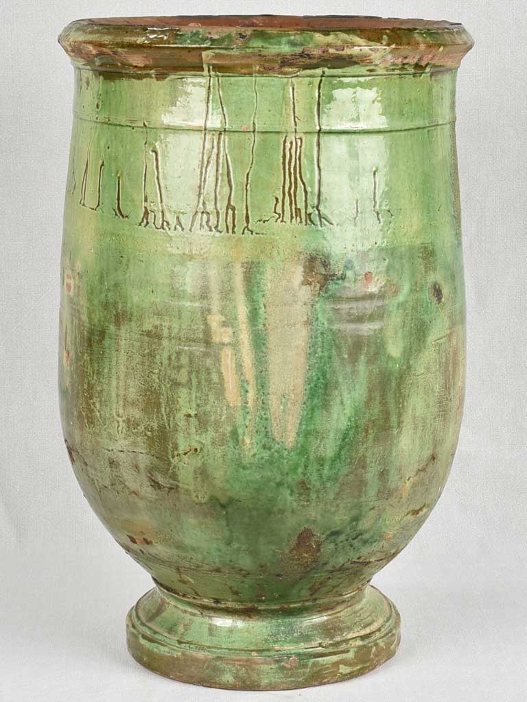 19th century olive jar from Tournac with green glaze 25¼"