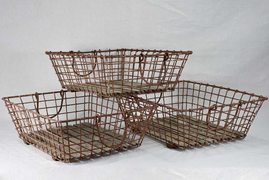 Collection of three shallow antique French oyster baskets