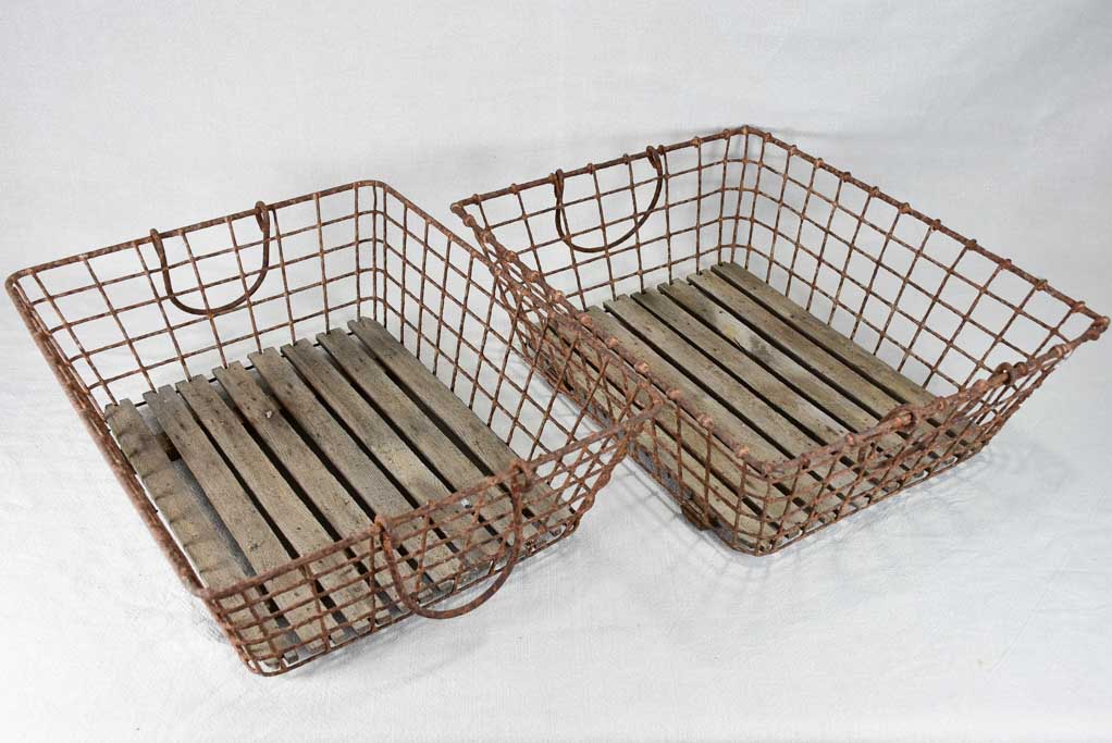 Collection of three shallow antique French oyster baskets