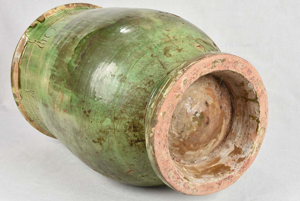 19th century olive jar from Tournac with green glaze 25¼"