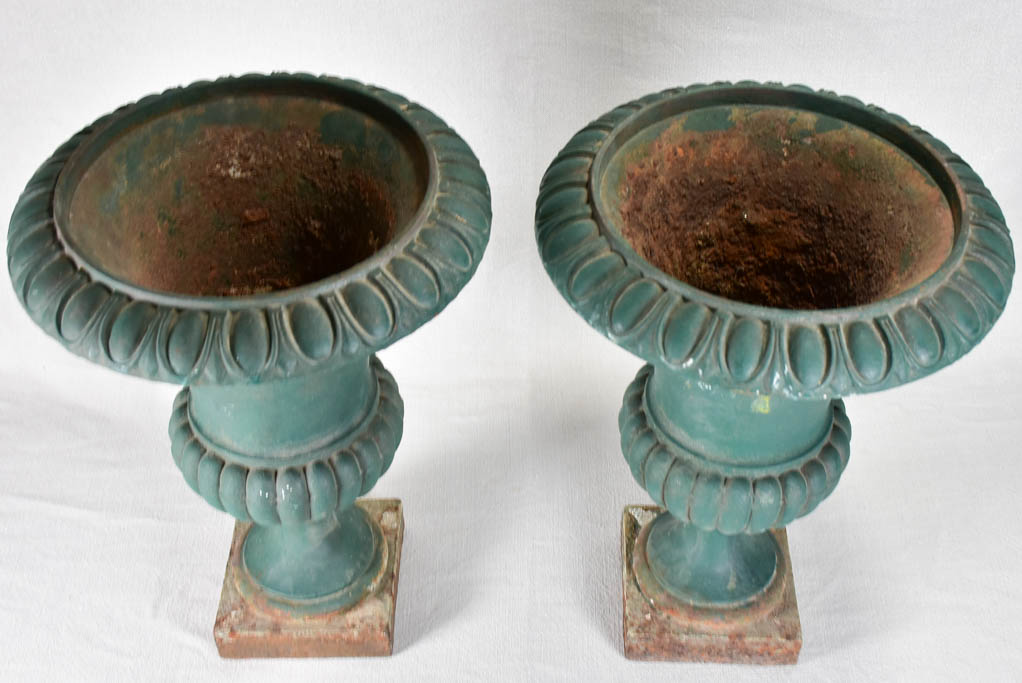 Pair of 19th century French Medici urns with green patina - 19¼"