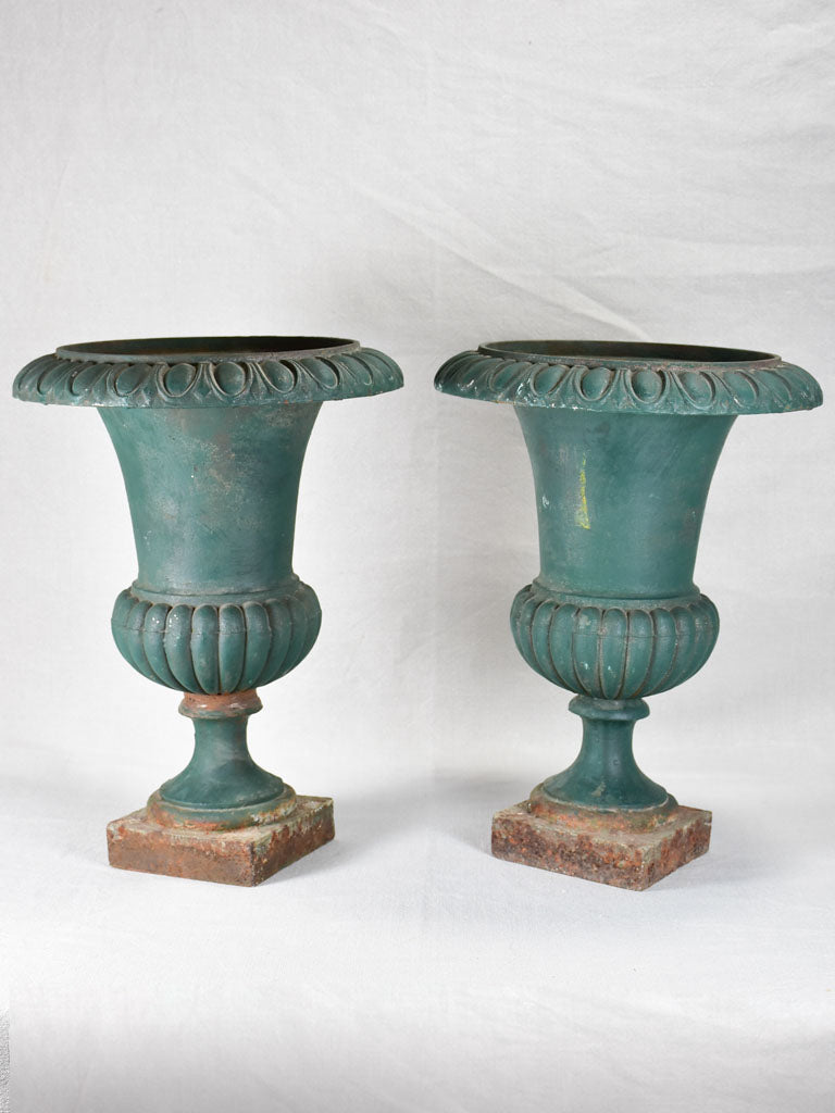 Pair of 19th century French Medici urns with green patina - 19¼"