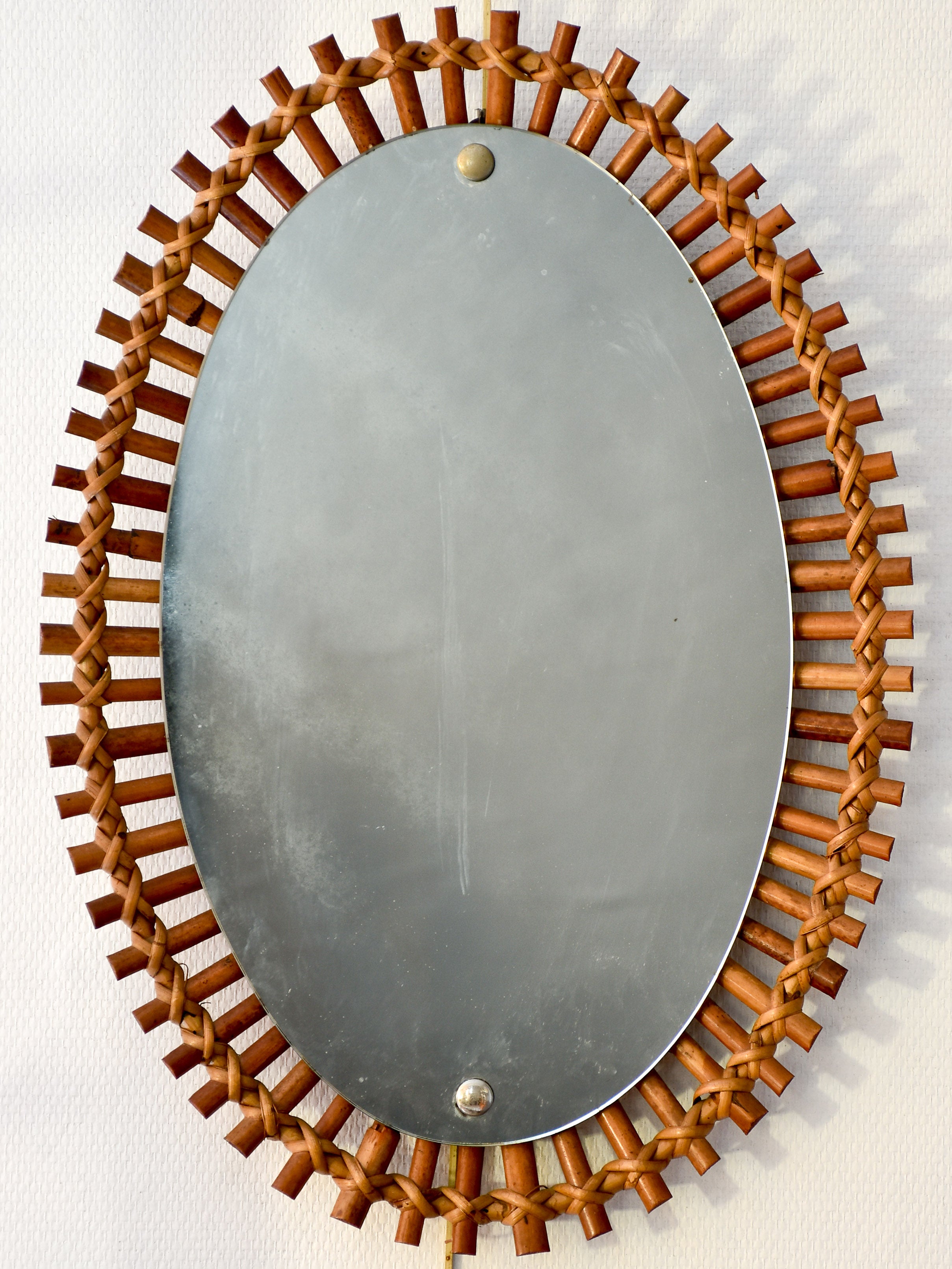 Vintage French oval mirror with rattan and bamboo frame