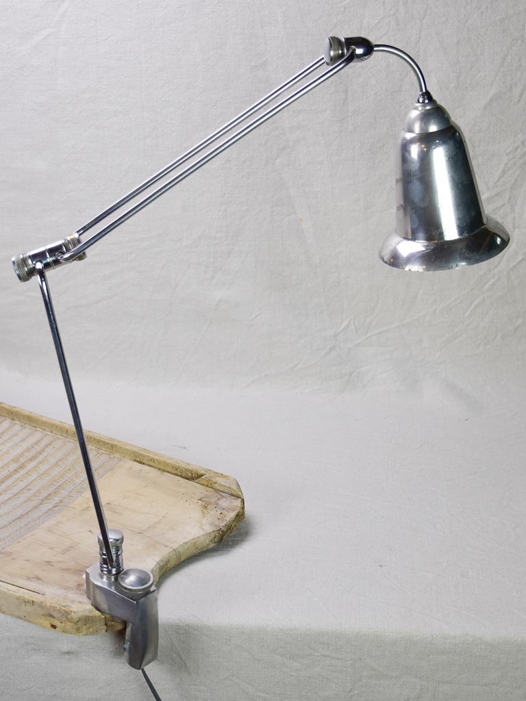 Rare JUMO  articulated clamp lamp from 1945-50 with bell-shaped shade