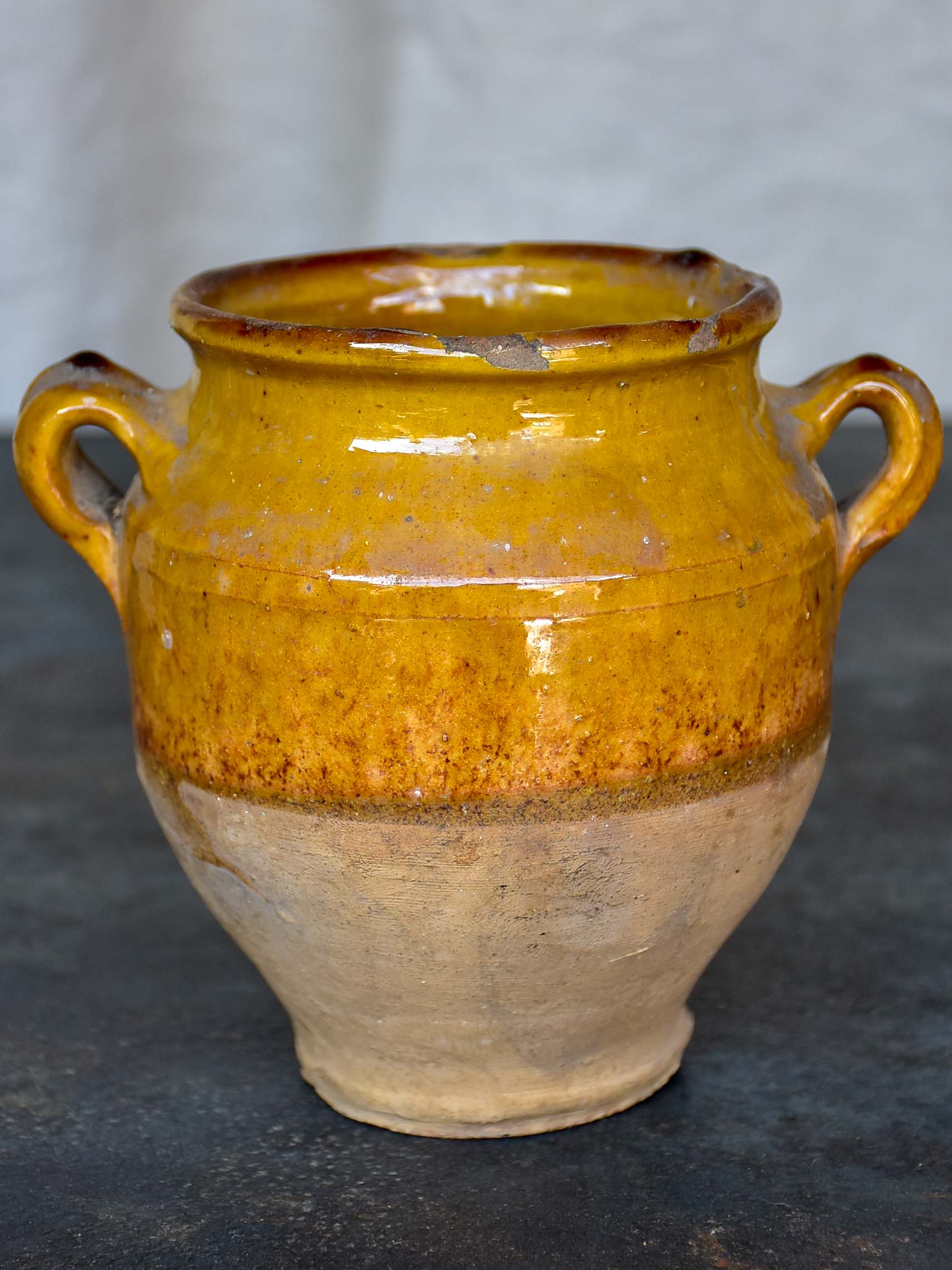 Very small antique French confit pot with yellow glaze 5 ¾''