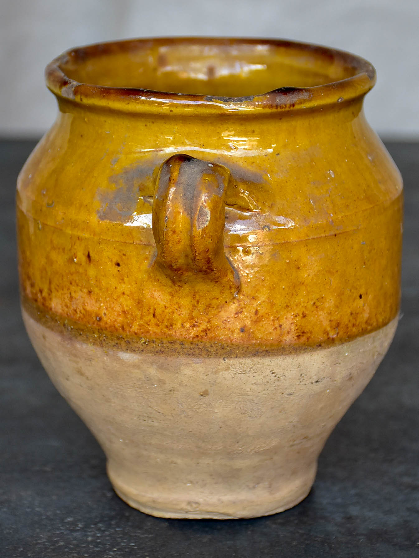 Very small antique French confit pot with yellow glaze 5 ¾''