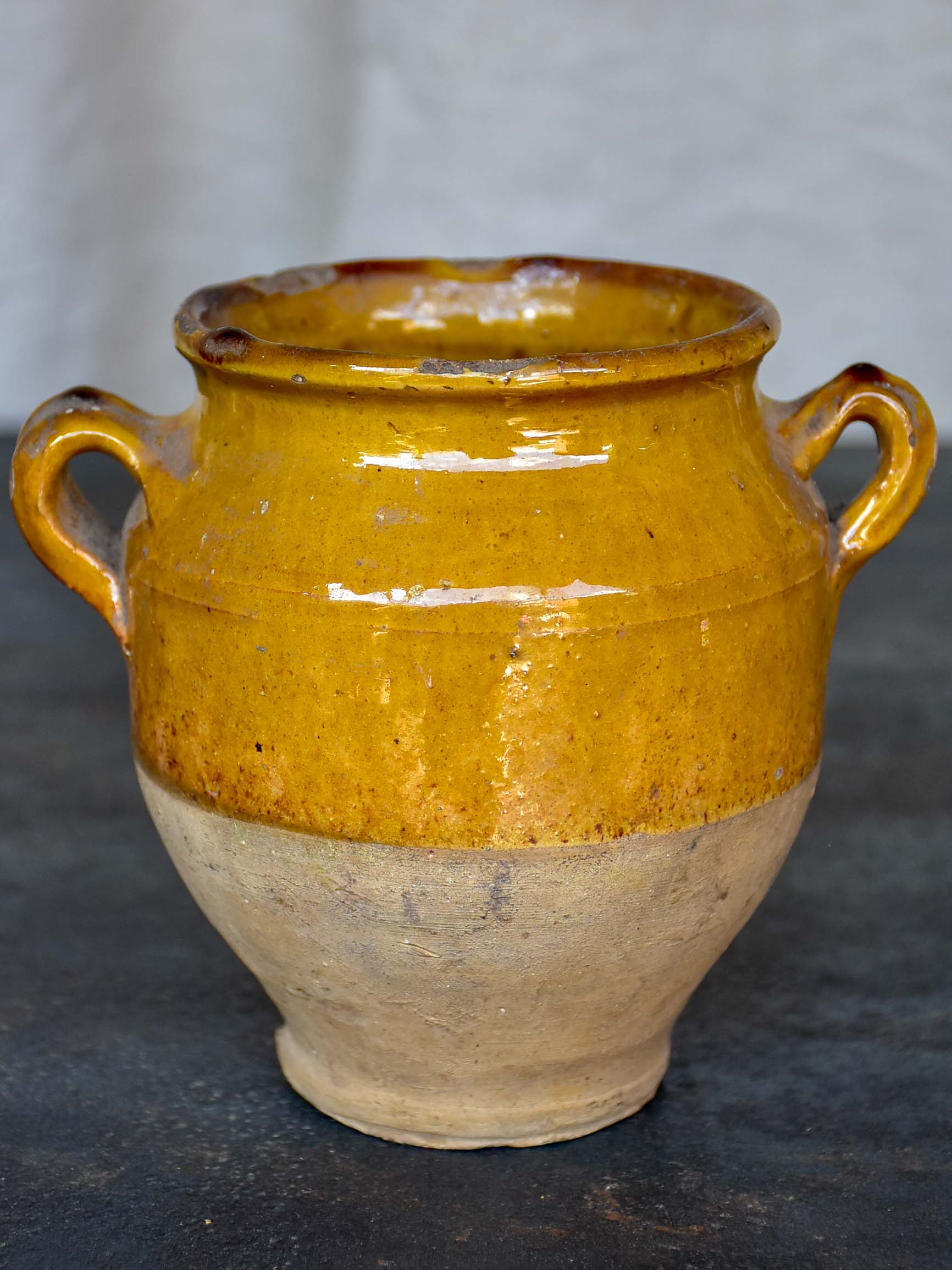 Very small antique French confit pot with yellow glaze 5 ¾''