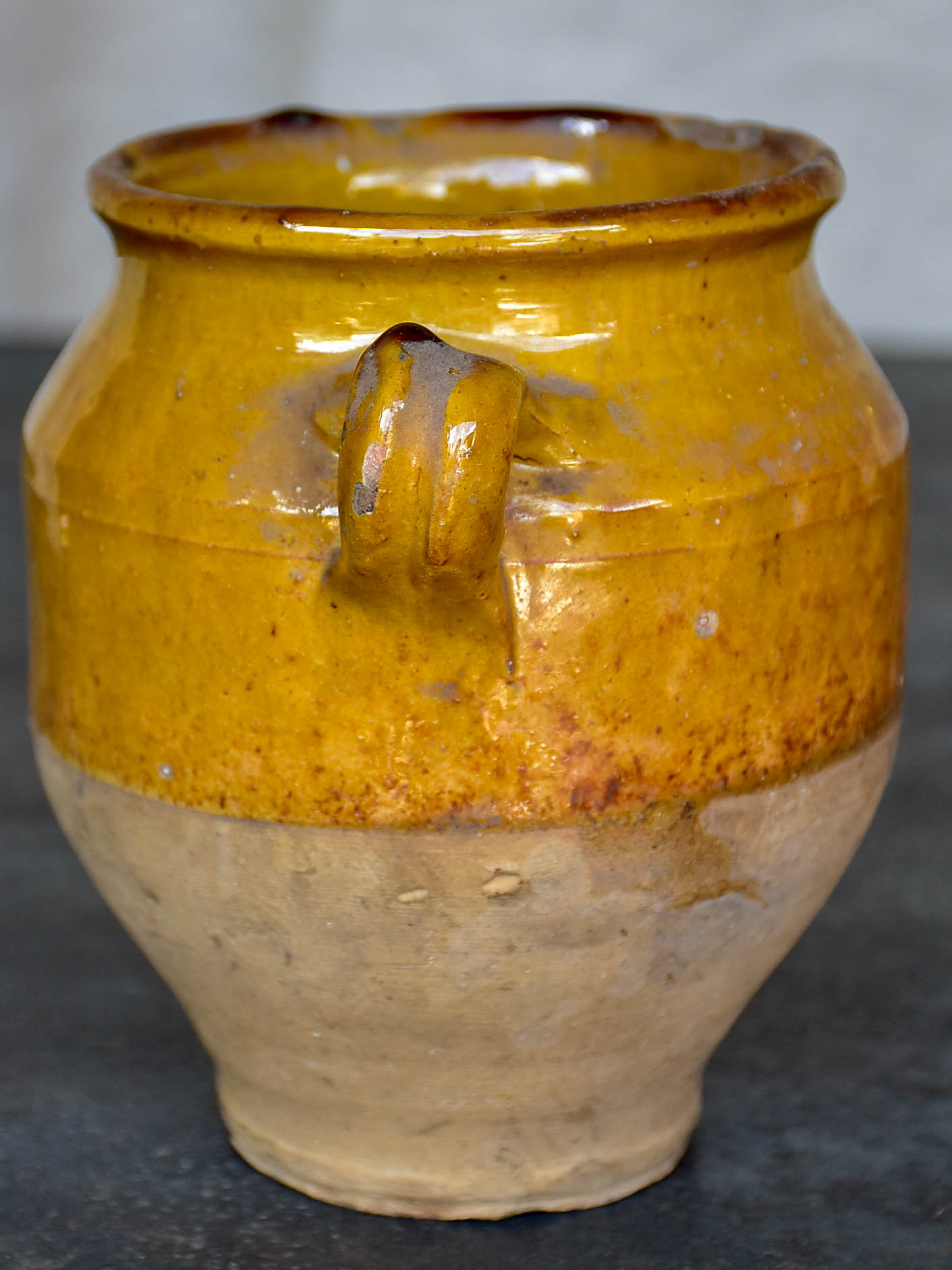 Very small antique French confit pot with yellow glaze 5 ¾''