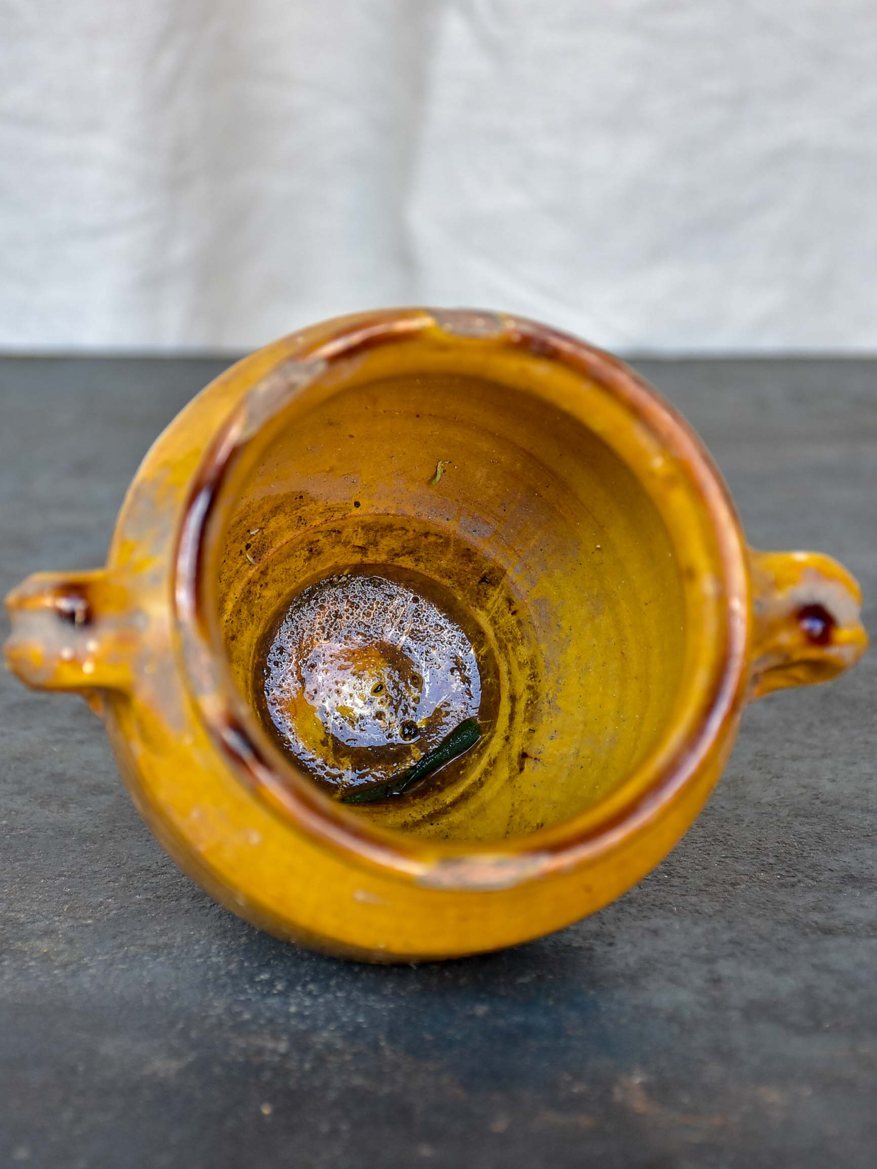 Very small antique French confit pot with yellow glaze 5 ¾''