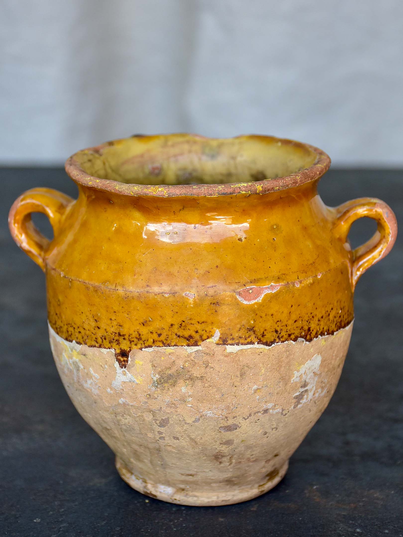 Very small antique French confit pot with yellow glaze 5”