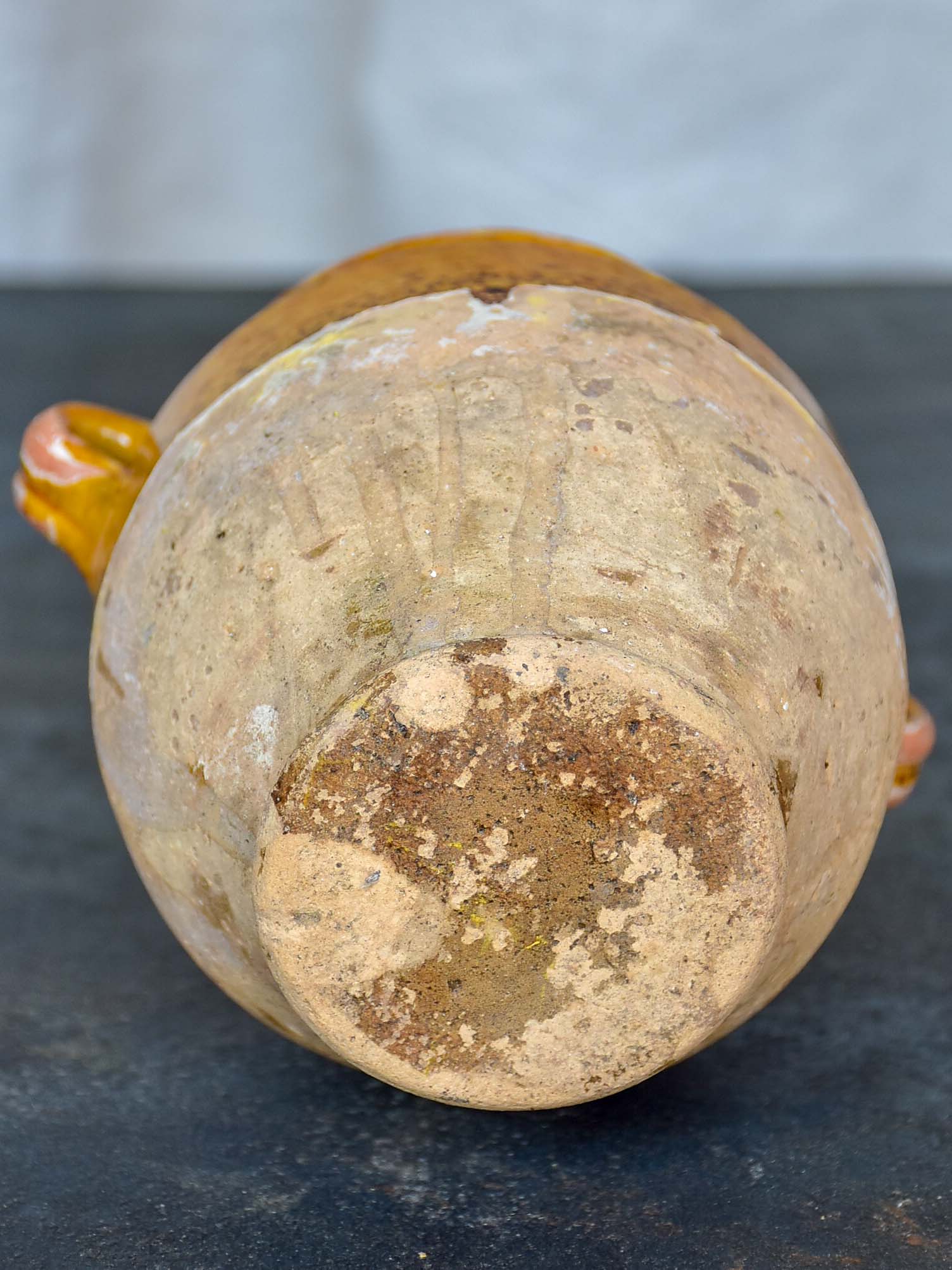 Very small antique French confit pot with yellow glaze 5”