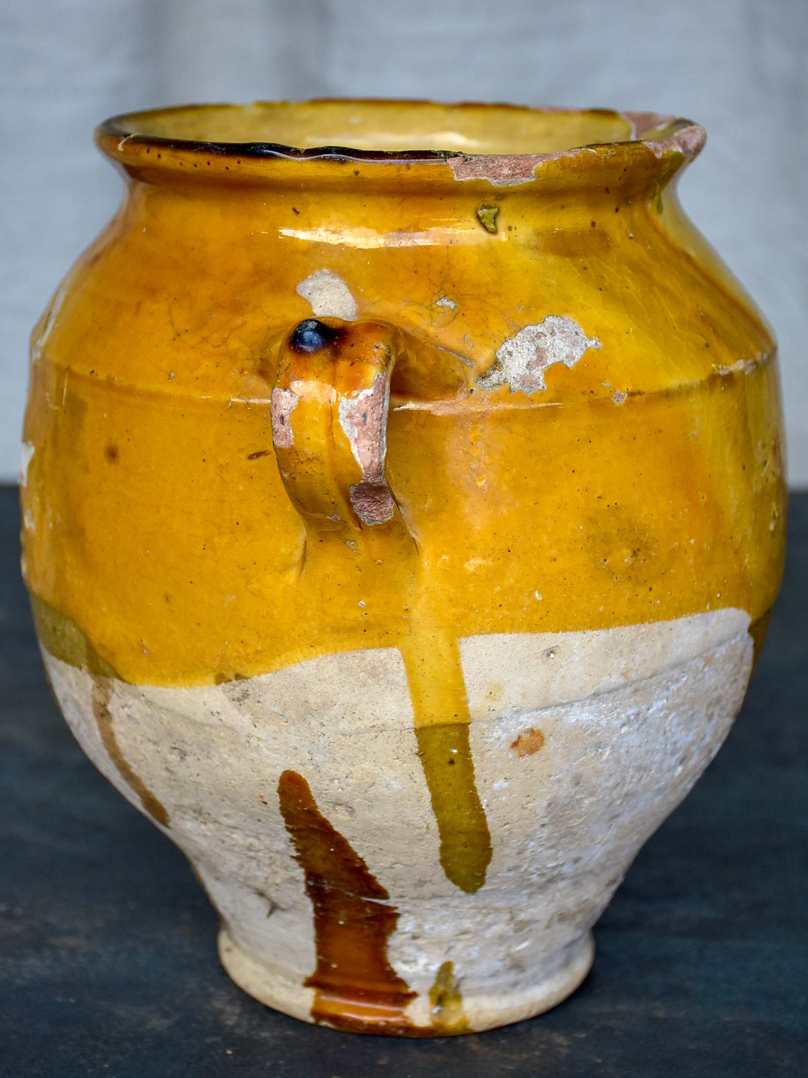 Antique French confit pot with yellow glaze 9 ¾''