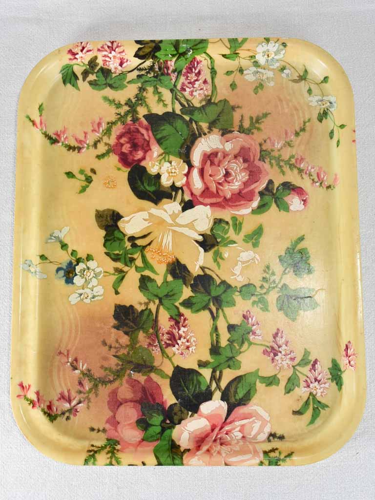 Rectangular vintage 1930s French fiberglass tray with flowers