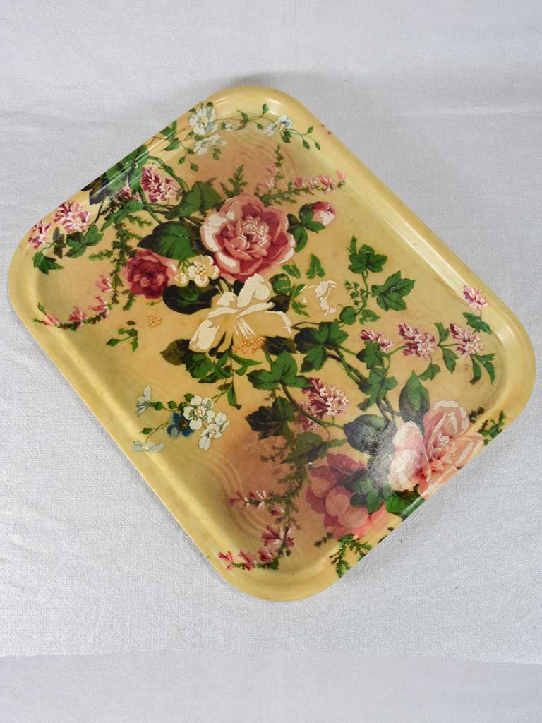 Rectangular vintage 1930s French fiberglass tray with flowers