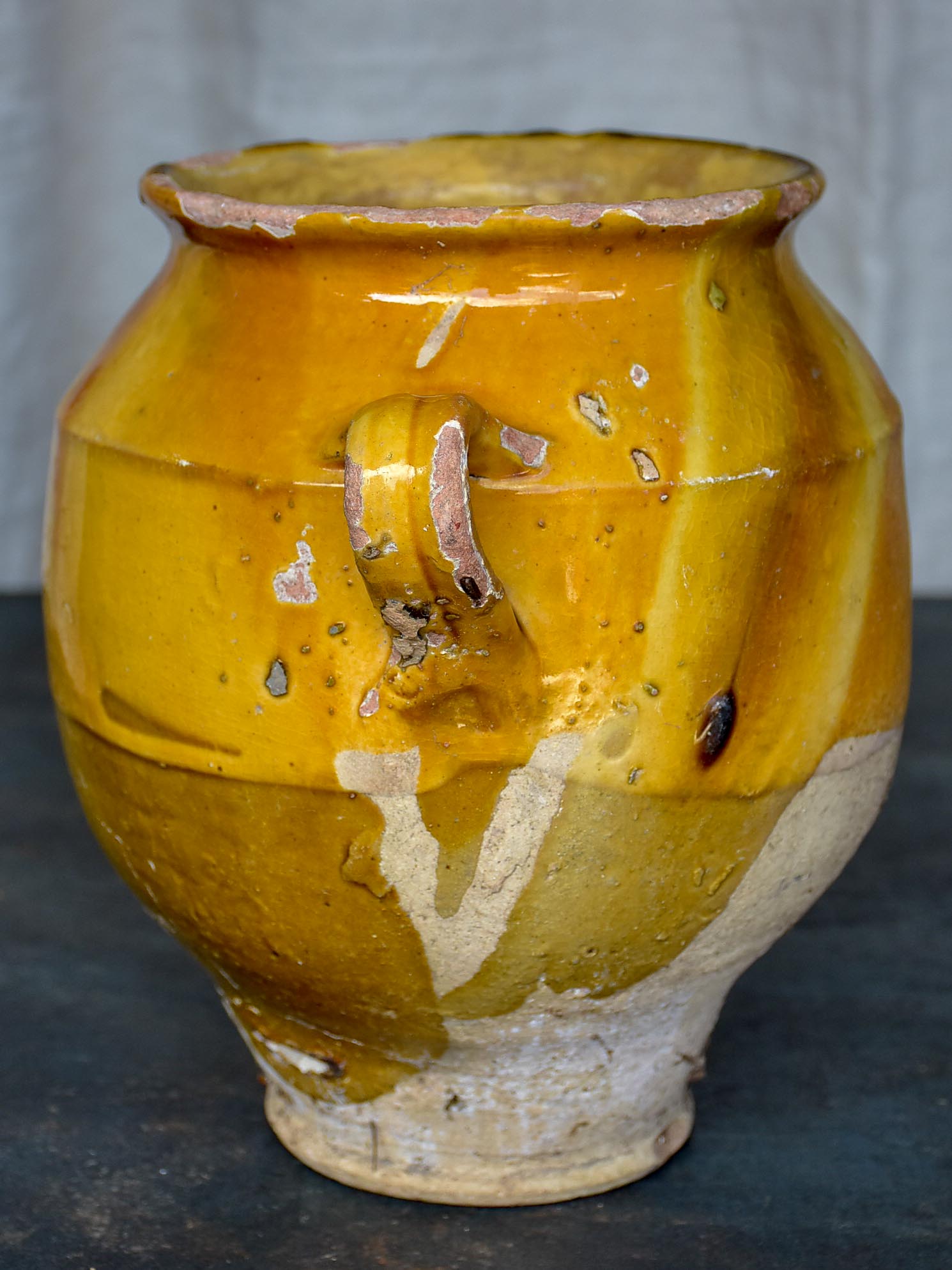 Antique French confit pot with yellow glaze 9 ¾''