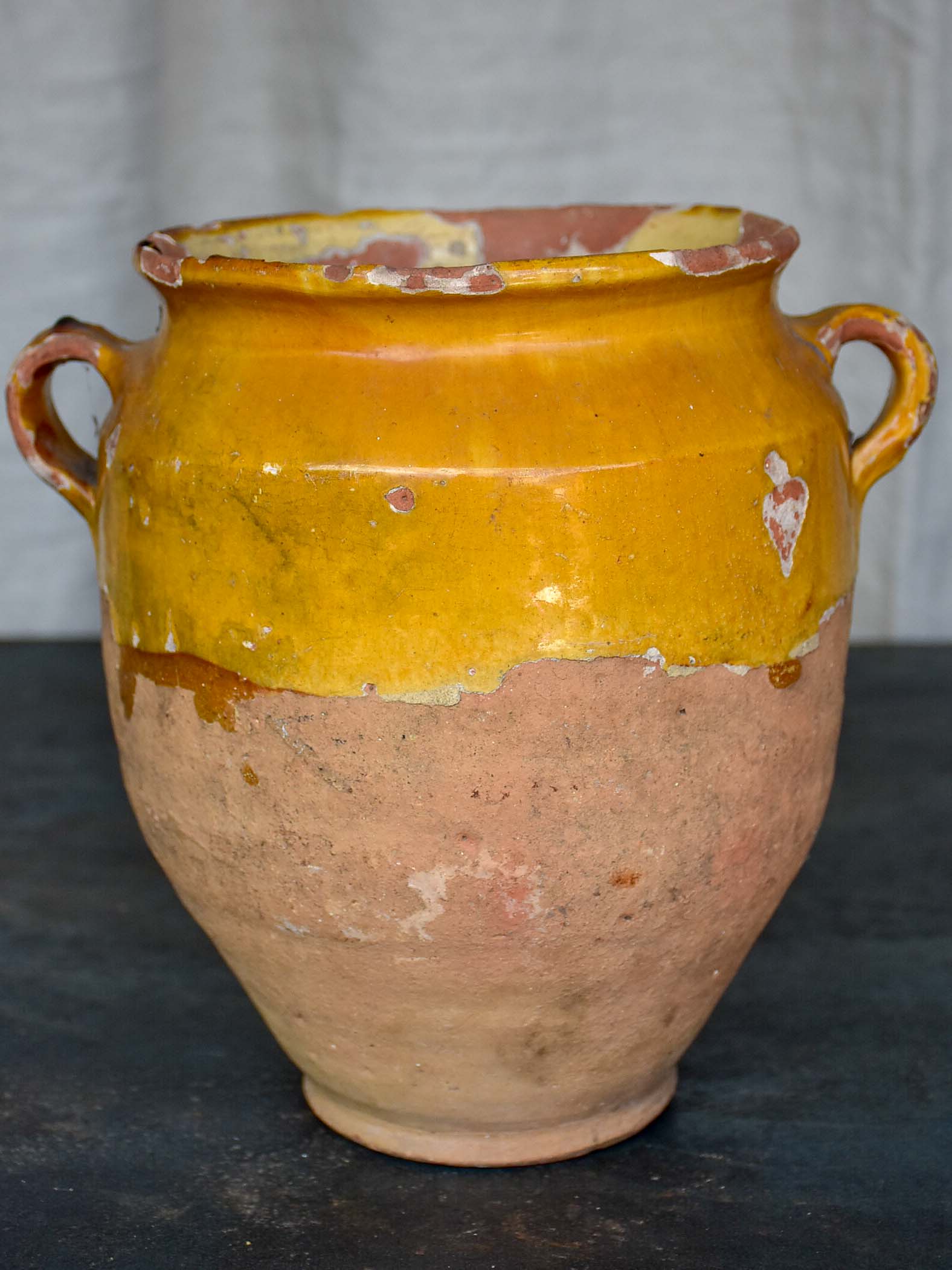 19th Century French confit pot with half yellow glaze 9 ¼''