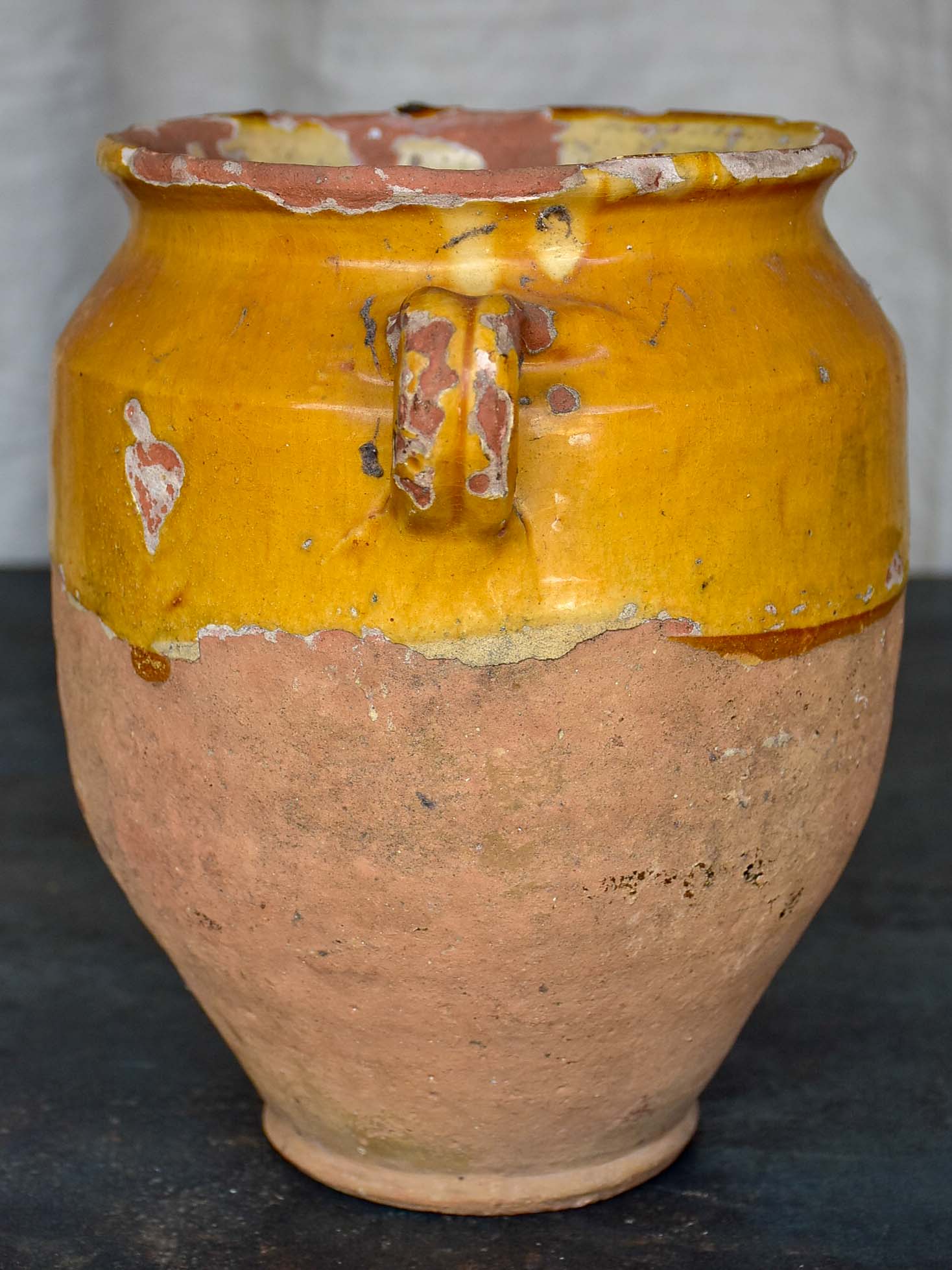 19th Century French confit pot with half yellow glaze 9 ¼''